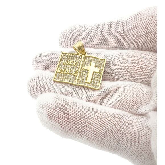 10k Gold Holy Bible Praying Book Pendant CZ Charm 1" - Picture 2 of 4
